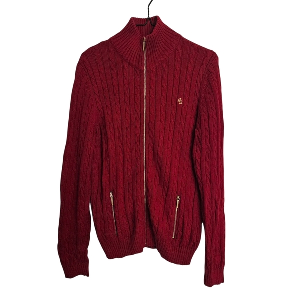 Lauren Ralph Lauren Dark Red Cable-knit Zip-up Sweater Size L - Picture 1 of 9